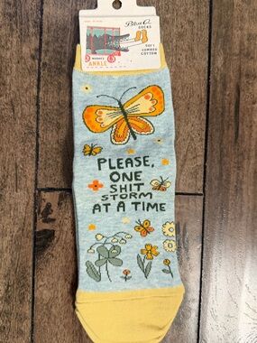 Blue Q Light Blue and Yellow Butterfly Socks with Slogan
